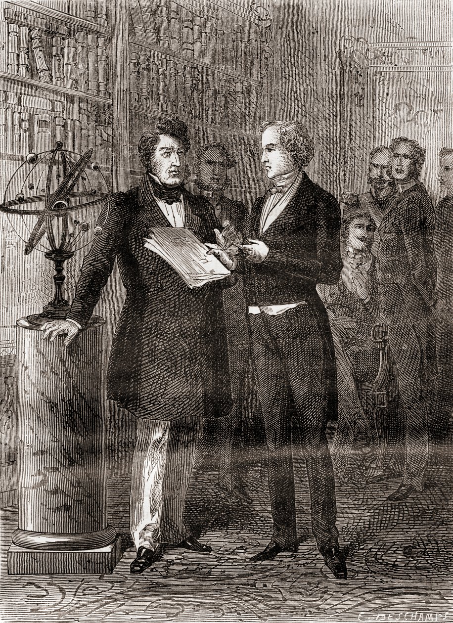 Urbain Jean Joseph Le Verrier, vpravo, obdržel král Louis-Philippe, vlevo, v Tuileries, Paříž, Francie, po objevu planety Neptun v roce 1846, z Les Merveilles de la Science, hospoda od French School
