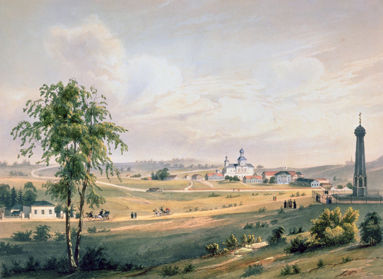 Pohled na Borodino, místo rozhodující bitvy, tisk J. Jacottet, nakladatelství Lemercier, Paříž, 30. léta 19. století od French School