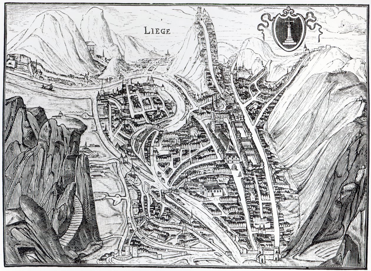 Pohled na město Lutych podle rytiny ze 16. století od French School