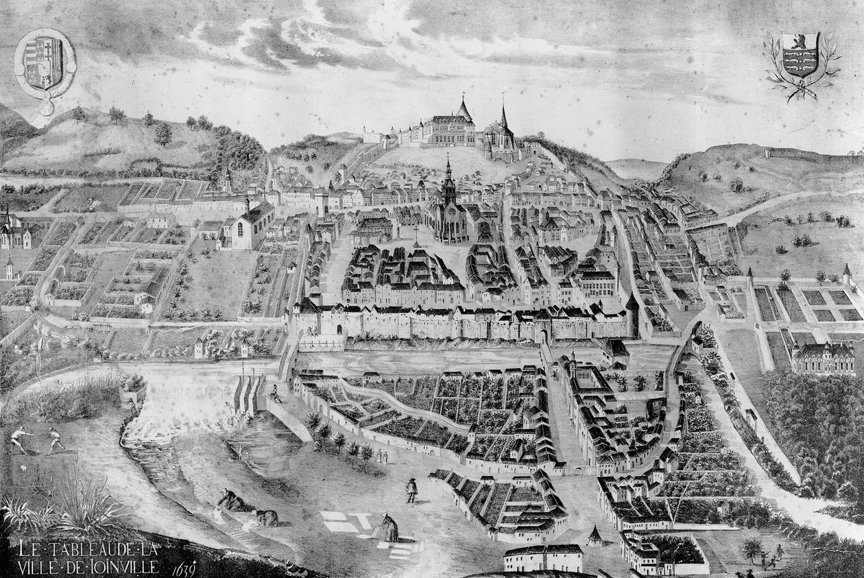Pohled na zámek a město Joinville, z obrazu z roku 1639 od French School