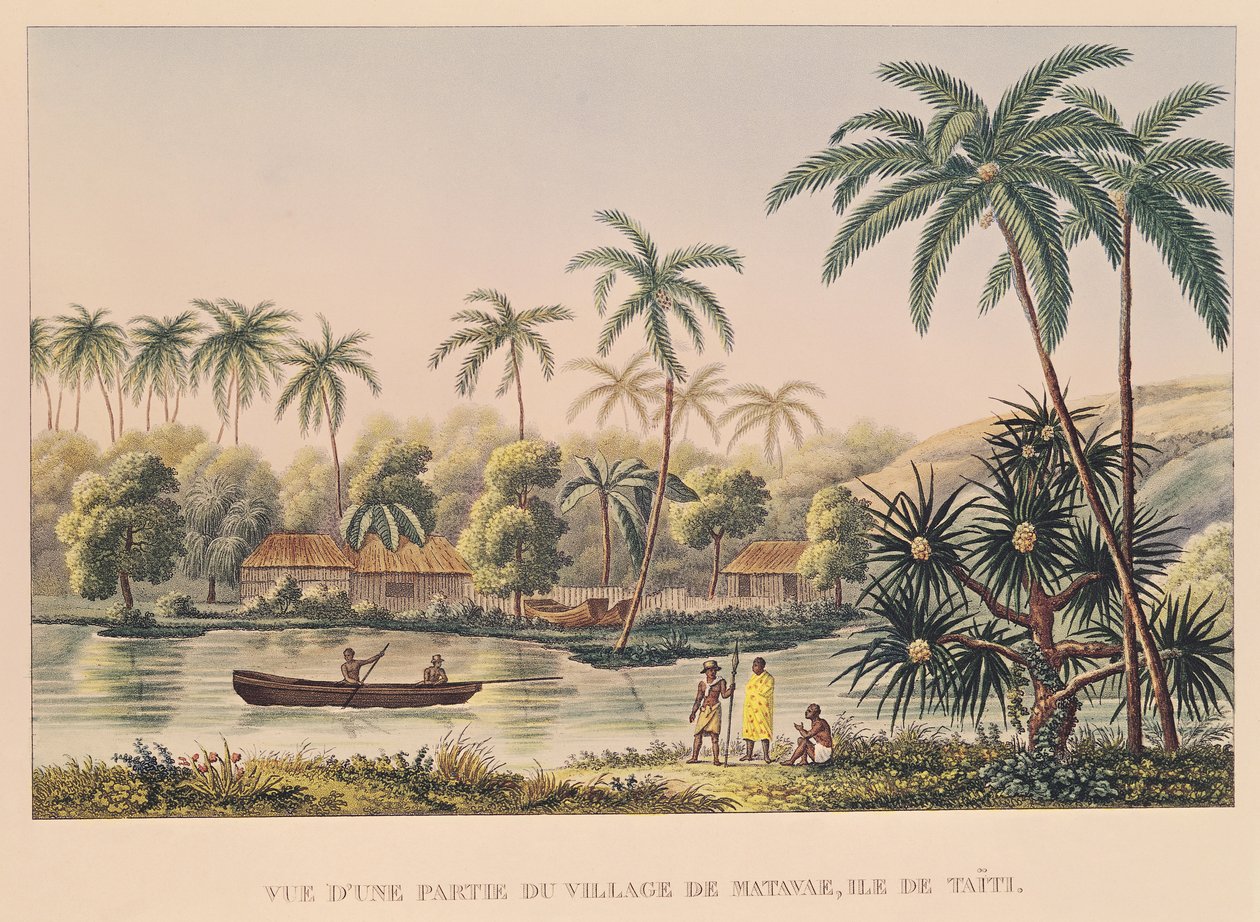 Vesnice Matavae, Tahiti, ilustrace z „Cesta kolem světa na Corvette Coquille“ od poručíka Louise Isodora Duperreyho od French School