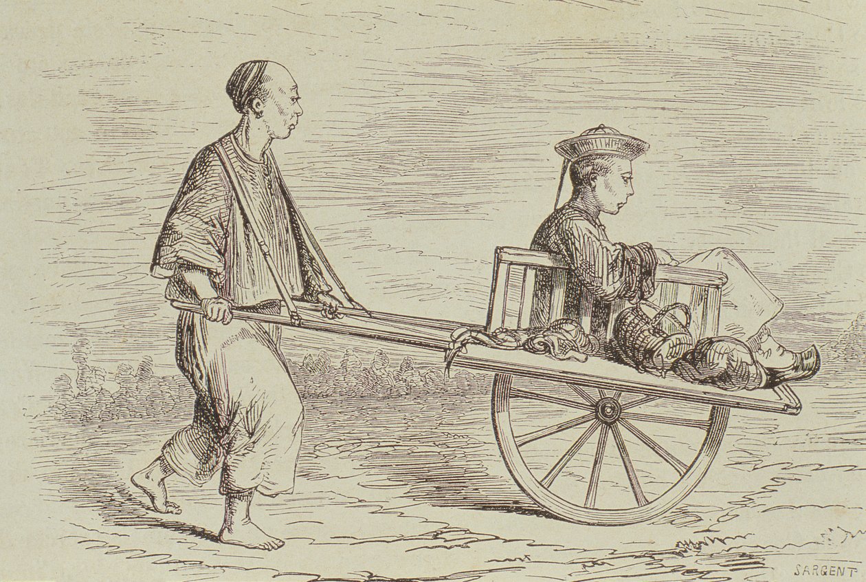 Taxi na trakaři v 50. letech 19. století, Čína, rytina Alfreda Louise Sargenta (nar. 1828) z knihy "Le Tour du Monde", vydané v Paříži v 60. letech 19. století. od French School