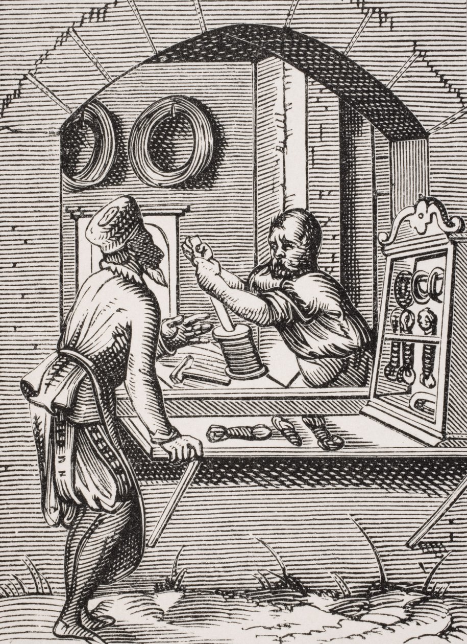 Dráteník, podle dřevorytu Josta Ammana (1539-91) z knihy "Le Moyen Age et La Renaissance" od Paula Lacroixe (1806-84) vydané v roce 1847. od French School