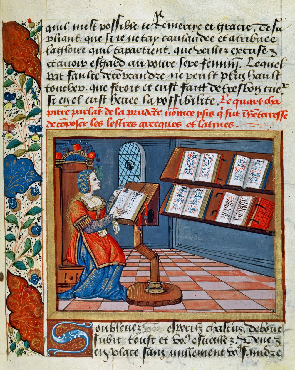 Žena osvětlující knihu prozíravých a nerozvážných od Catherine dAmboise, 1509 od French School