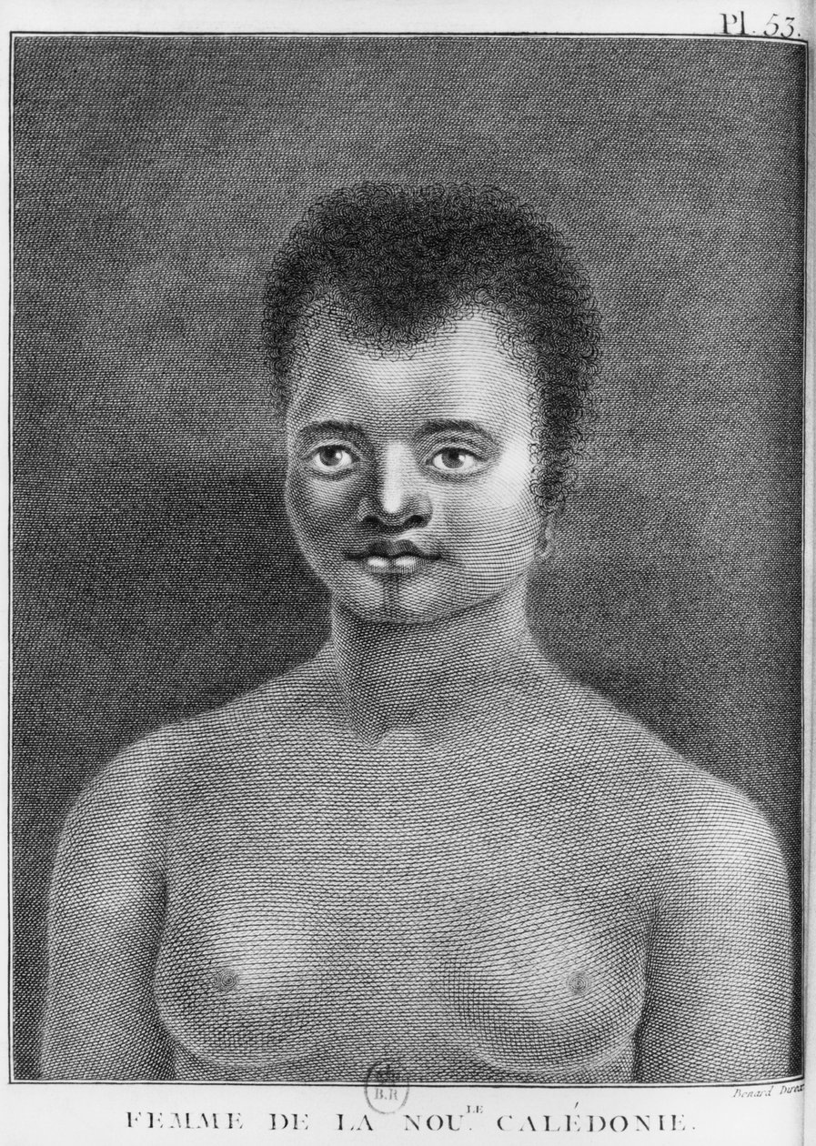 Žena z Nové Kaledonie, vyrytá Benardem (18. století), ilustrace z 
