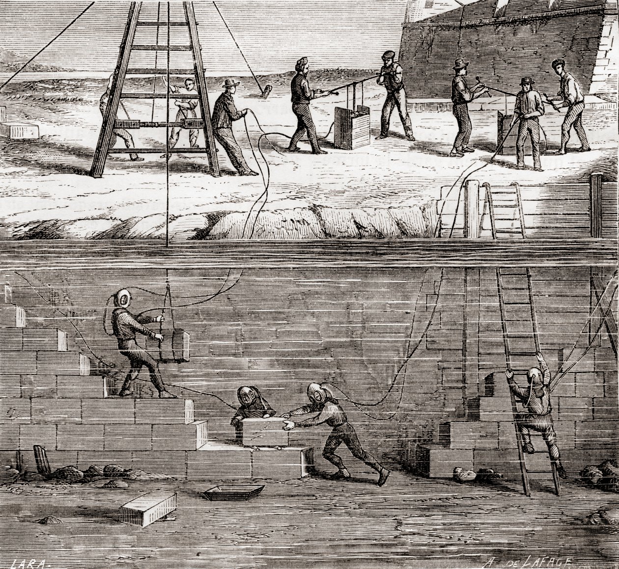Dělníci v potápěčských oblecích pracující na podvodních stavbách v 19. století, z knihy Les Merveilles de la Science, vydané kolem roku 1870. od French School