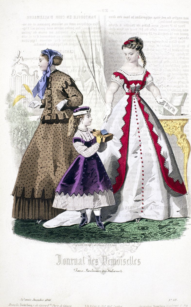 Mladé ženy si prohlížejí stereofotografie z Journal des Demoiselles, prosinec 1866 od French School