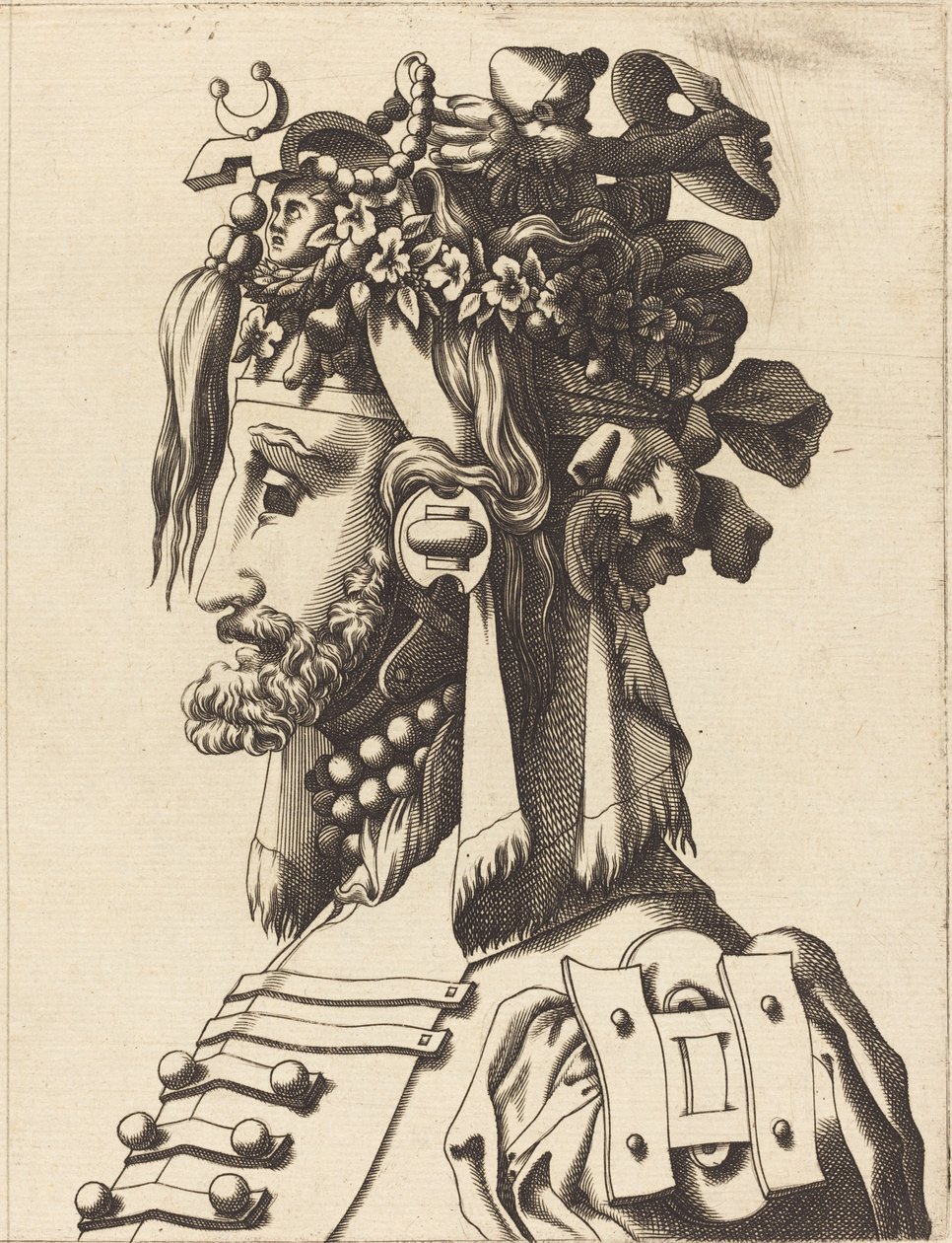 Busta muže v extravagantním kostýmu od French 16th Century after René Boyvin or Pierre Milan