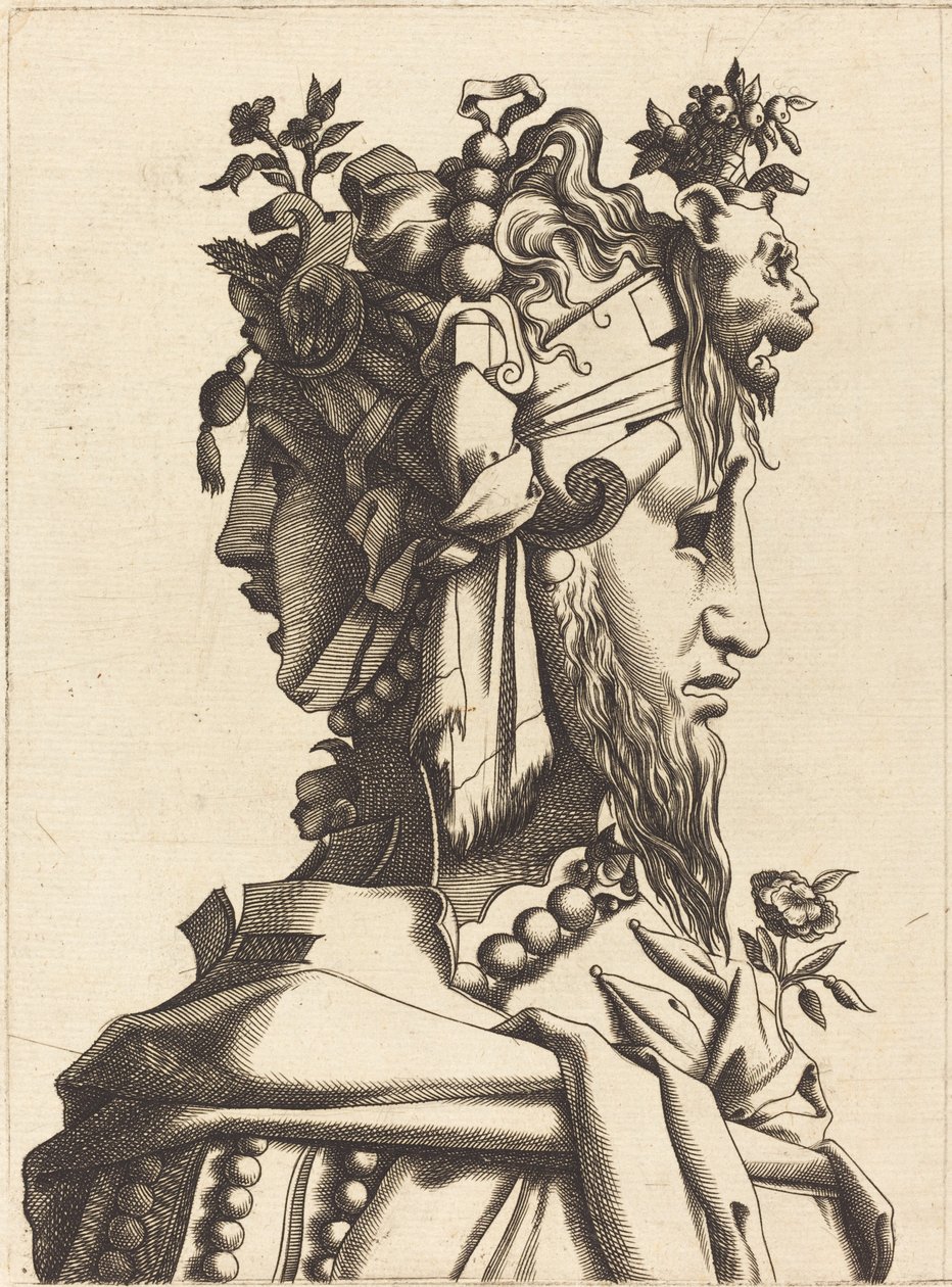 Busta ženy v extravagantním kostýmu od French 16th Century after René Boyvin or Pierre Milan