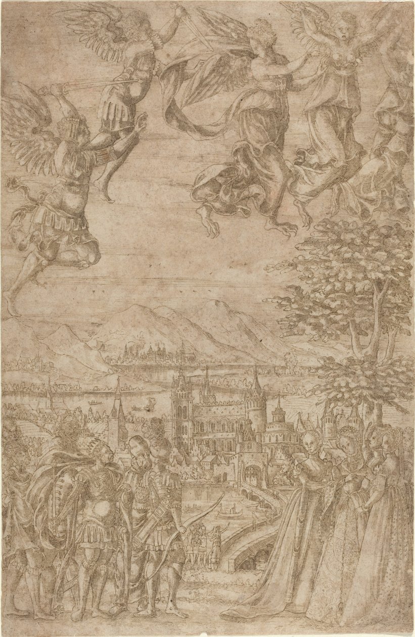Král a jeho družina čelí dámám v nebeské bitvě od French 17th Century