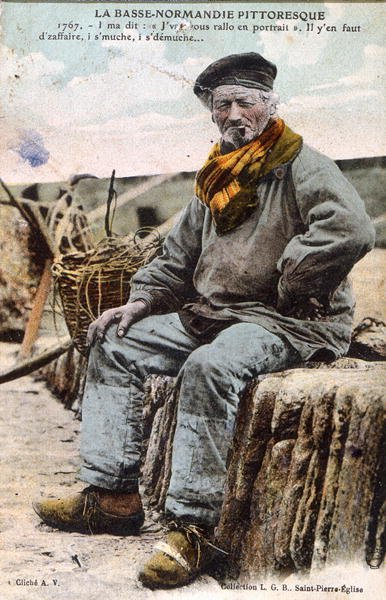 Pohlednice z Normandie zobrazující starého mořského psa, kolem roku 1914 (barva lito) od French Photographer