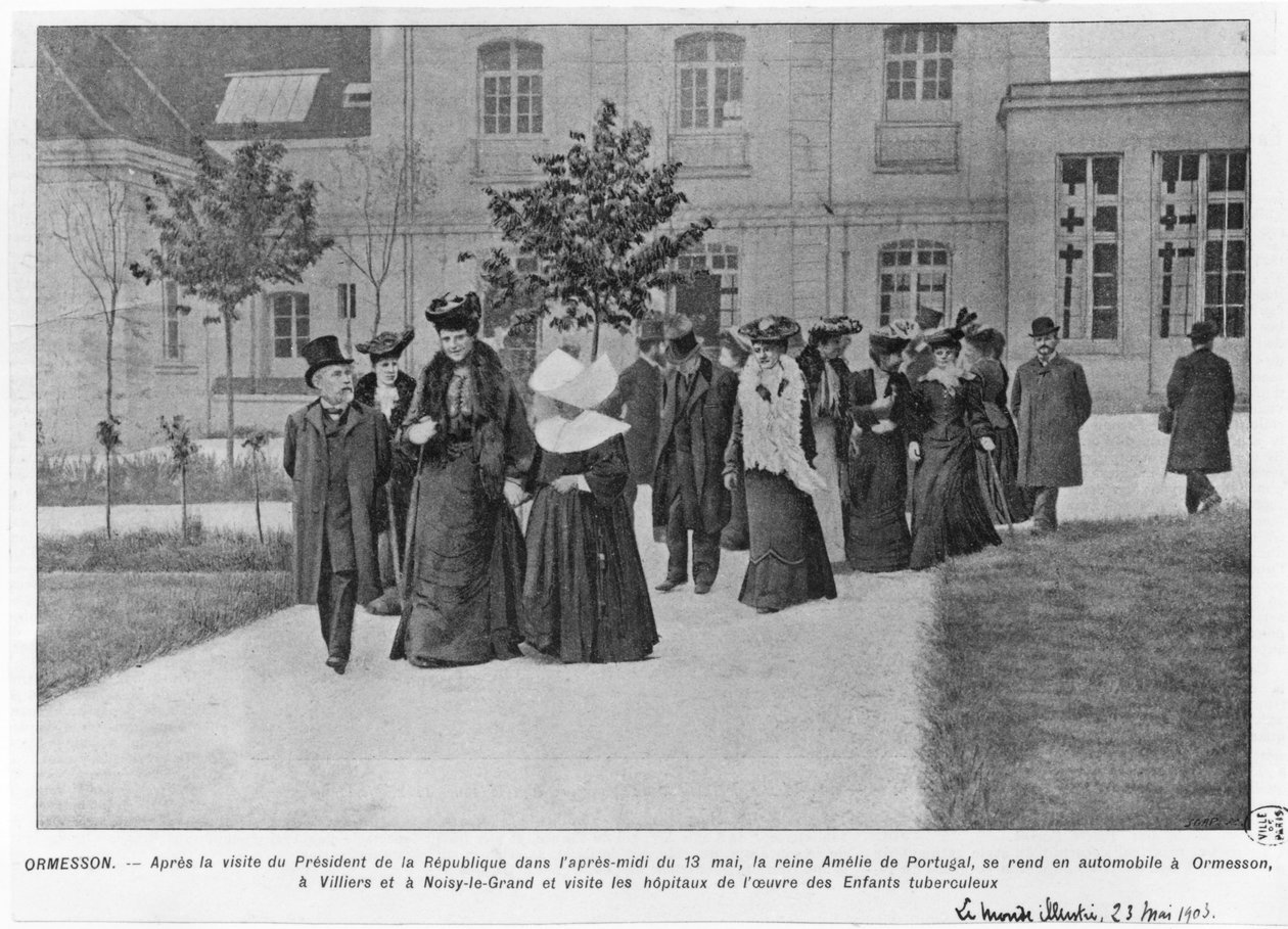 Portugalská královna Amelie na návštěvě nemocnice Ormesson kvůli tuberkulóze, ilustrace z „Le Monde Illustre“, 23. května 1903 od French Photographer