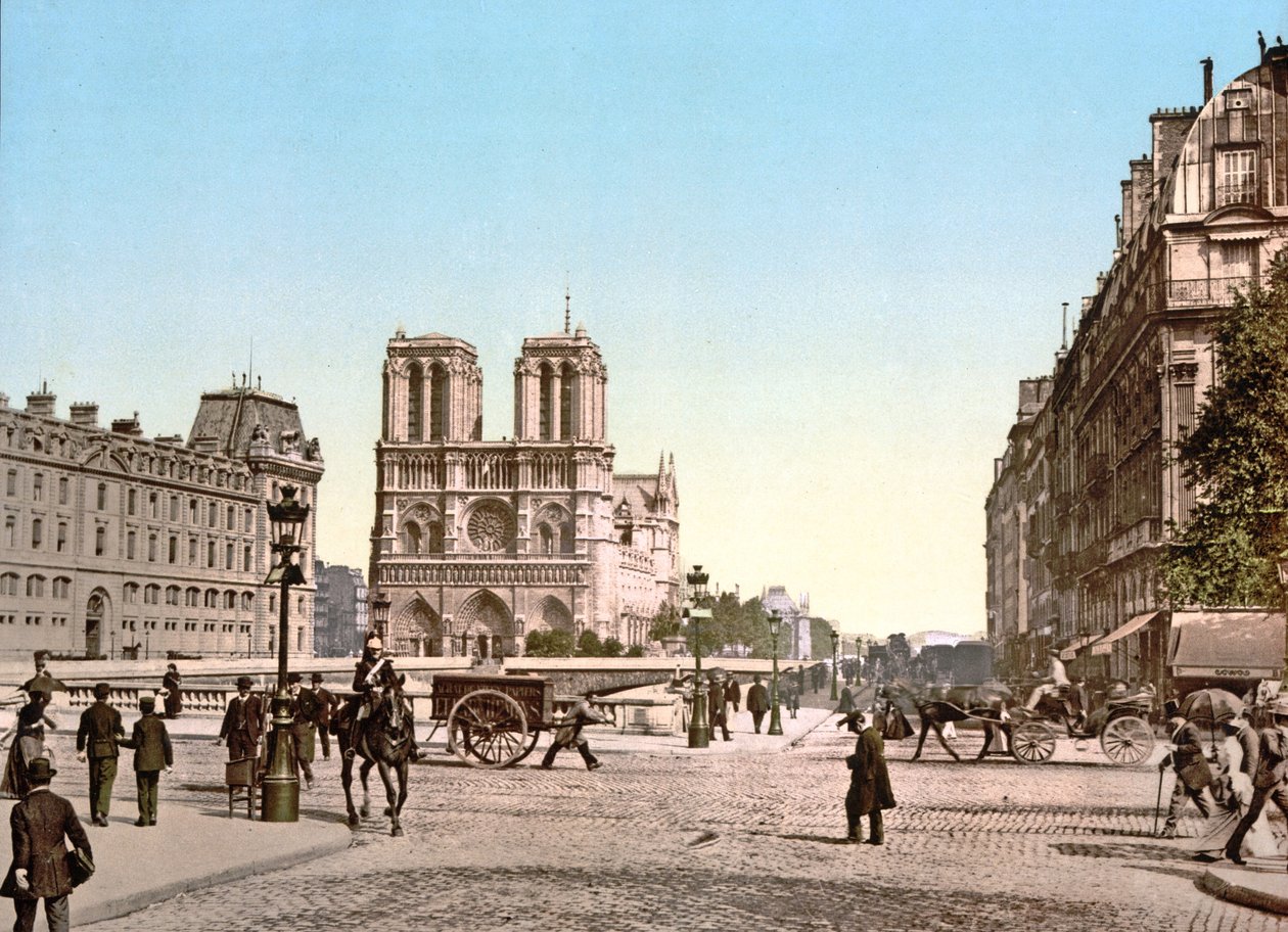 Západní fasáda Notre Dame a Pont St. Michel, Paříž, hospoda. c.1900 od French Photographer