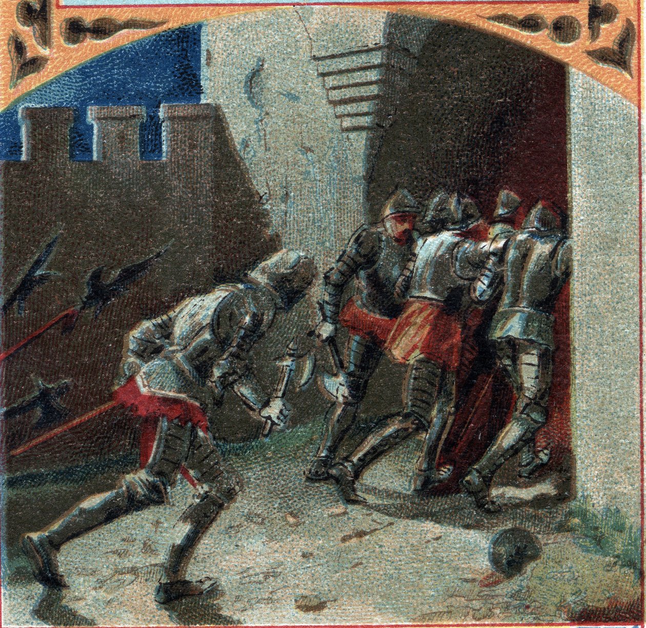 100letá válka: armáda Burgundů se zradou zmocnila hradu Pierrefonds (14. století). Chromolitografie konce 19. století od French School