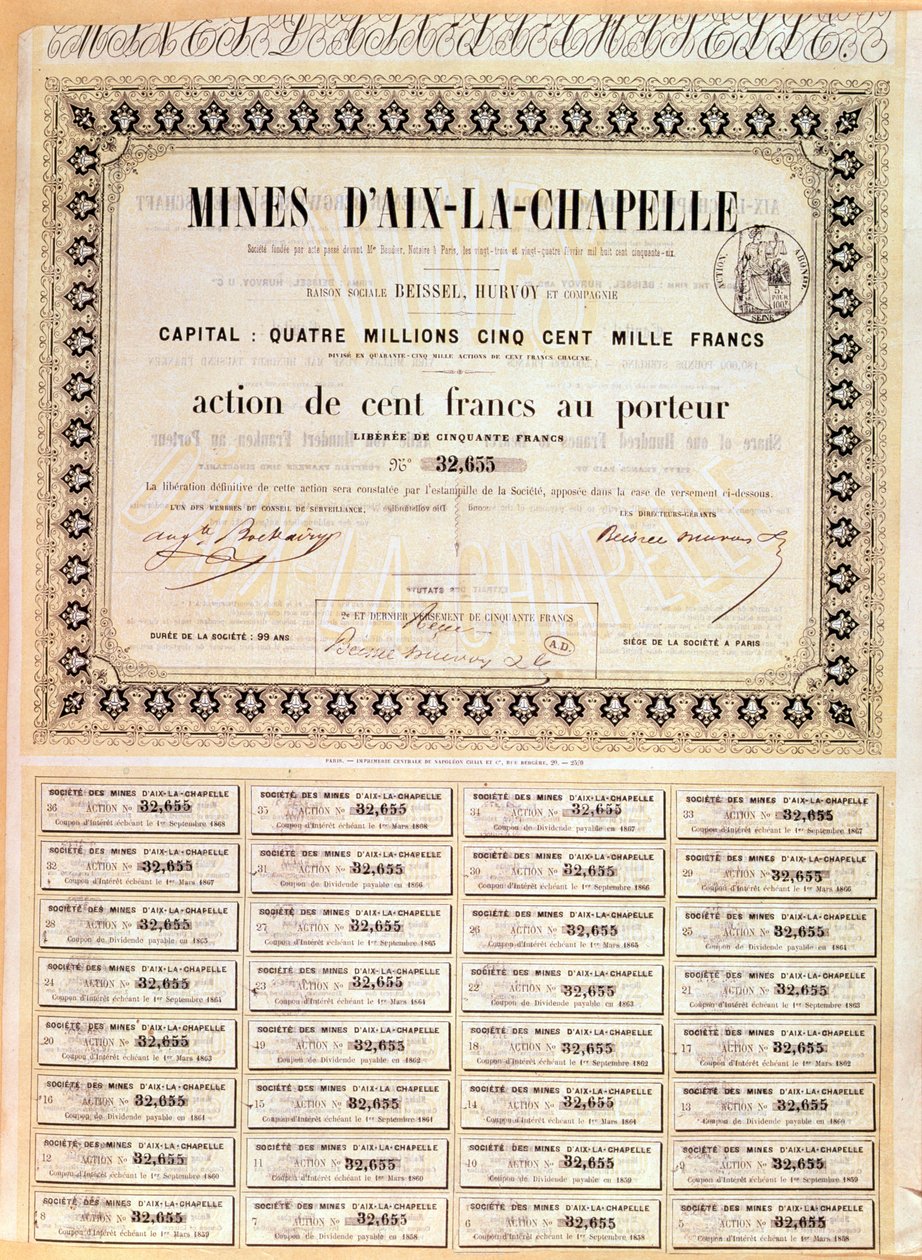 100 franků Doručitelský podíl na dolech v Cáchách, 1856 od French School