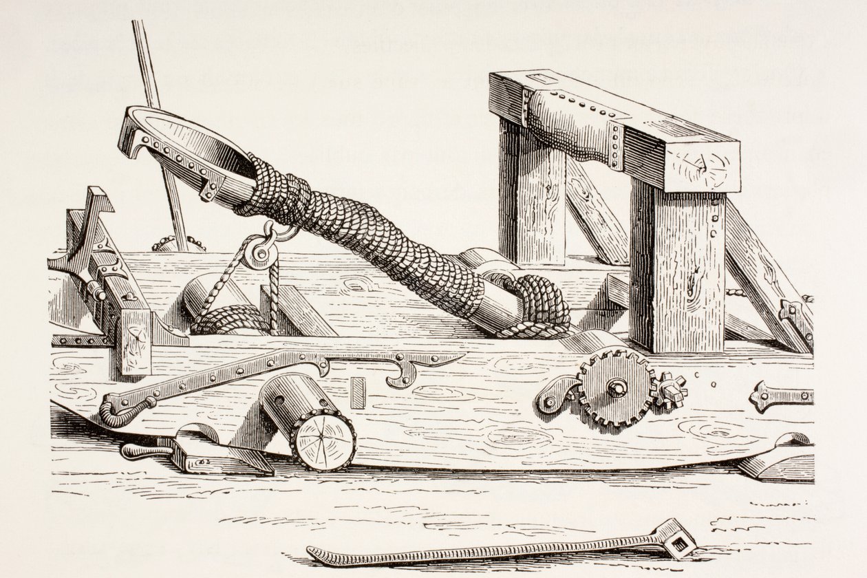 Mangonel z 15. století, z Les Arts au Moyen Age, publikovaný v roce 1873 od French School