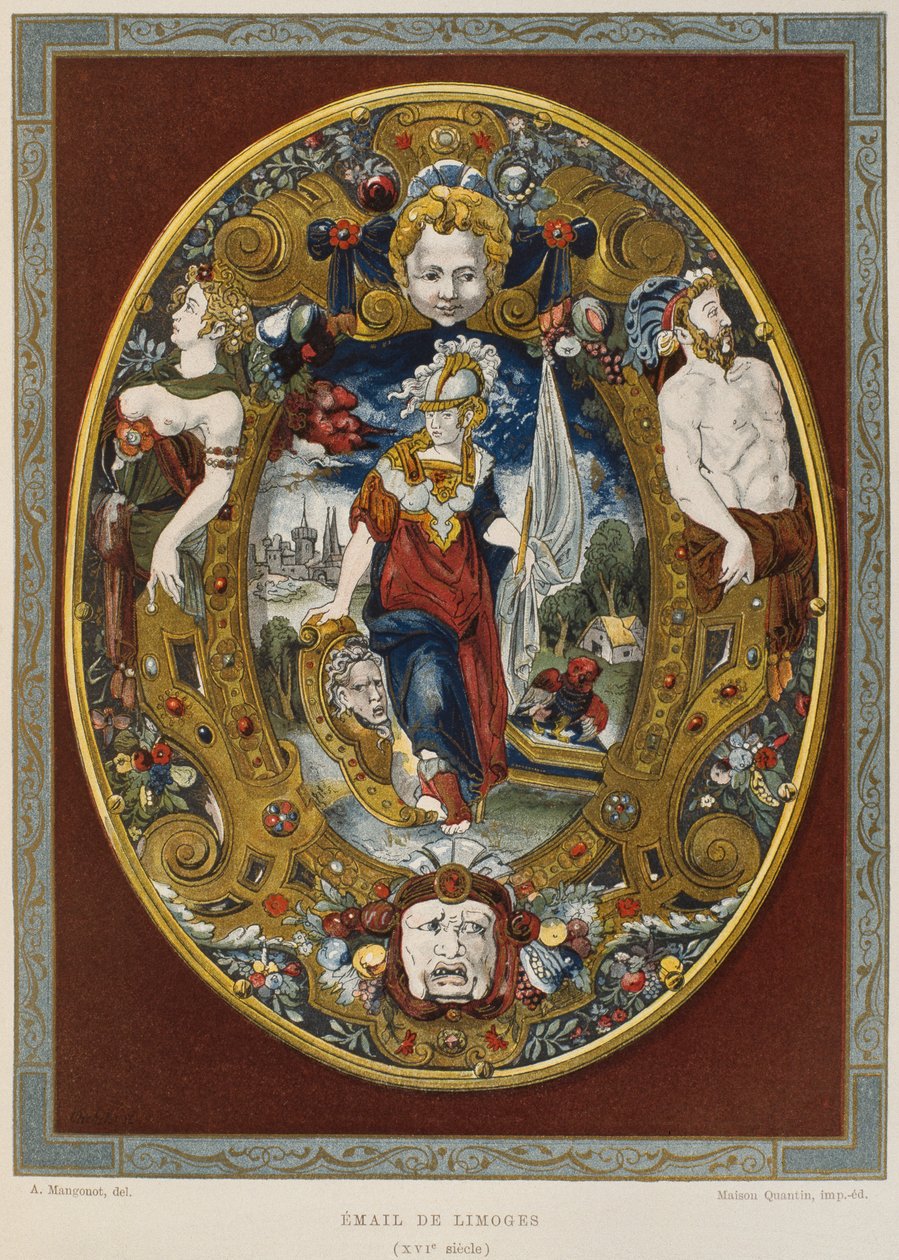 Smalt Limoges 16. století, ilustrace z Dictionnaire de lameublement et de la dekorace od Henryho Havarda, svazek 2, deska 22, Paříž, Maison Quantin, 1878 od French School