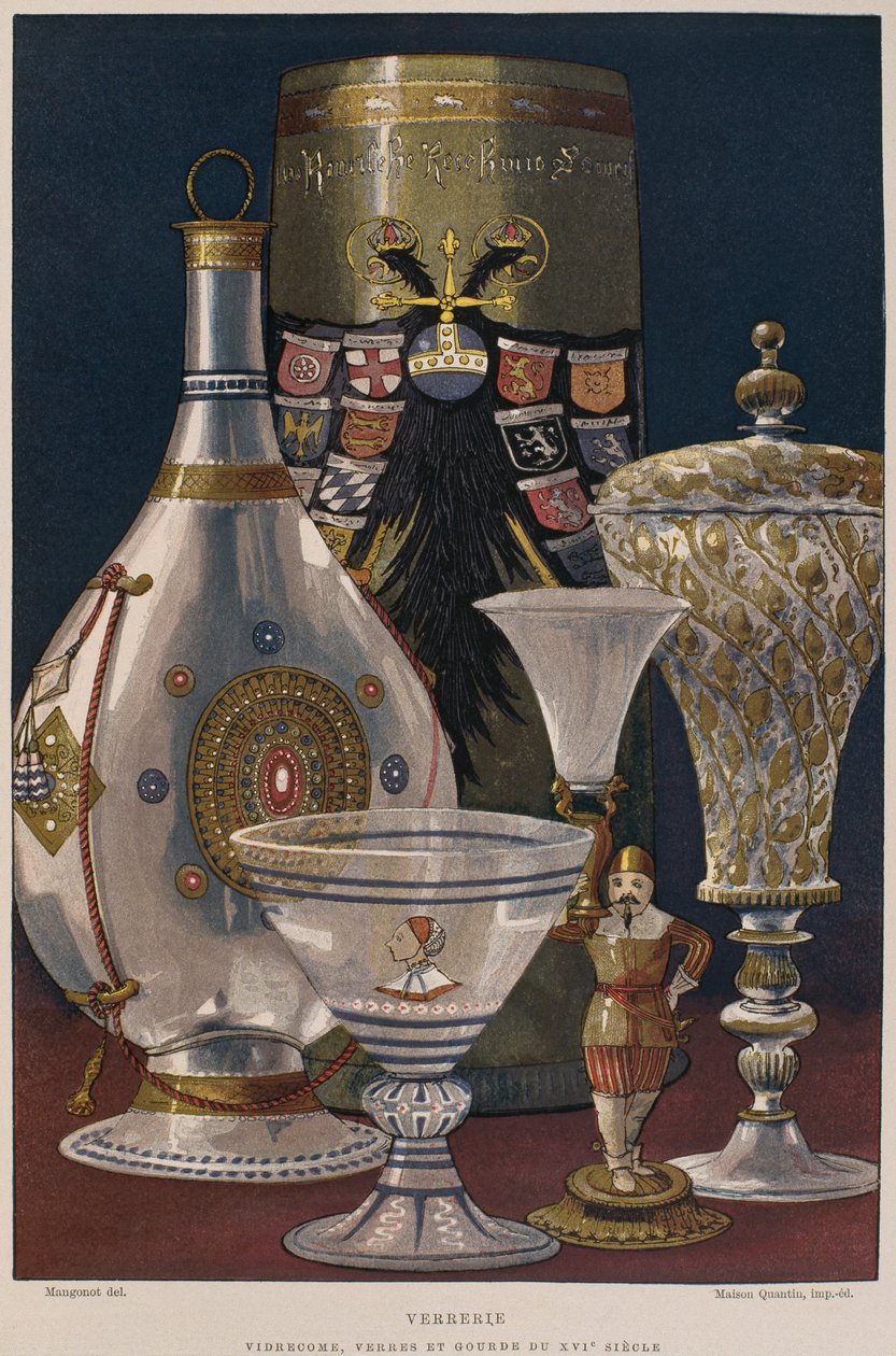 Sklo ze 16. století, ilustrace z Dictionnaire de lameublement et de la decoration od Henryho Havarda, svazek 4, deska 61, Paříž, Maison Quantin, 1878 od French School