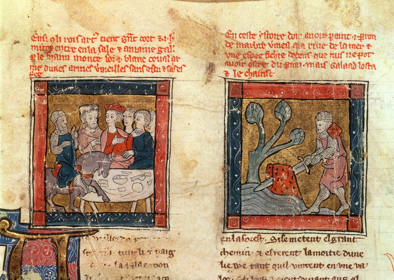 184 Fr.110 f.405 Galahad přichází k Artušovi a Galahad tasí meč z plovoucího kamene v řece v Camelotu, kolem 1250-80 (viz také 150479) od French School