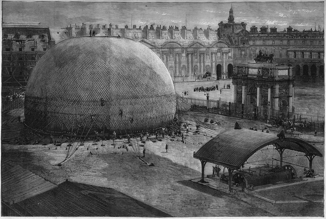 Světová výstava v roce 1878 v Paříži: na nádvoří Tuileries se usazuje vzdouvající se balón Henriho Giffarda. Rytina v „“ Le Monde Illustré““ č. 1112 z 20. července 1878. od French School