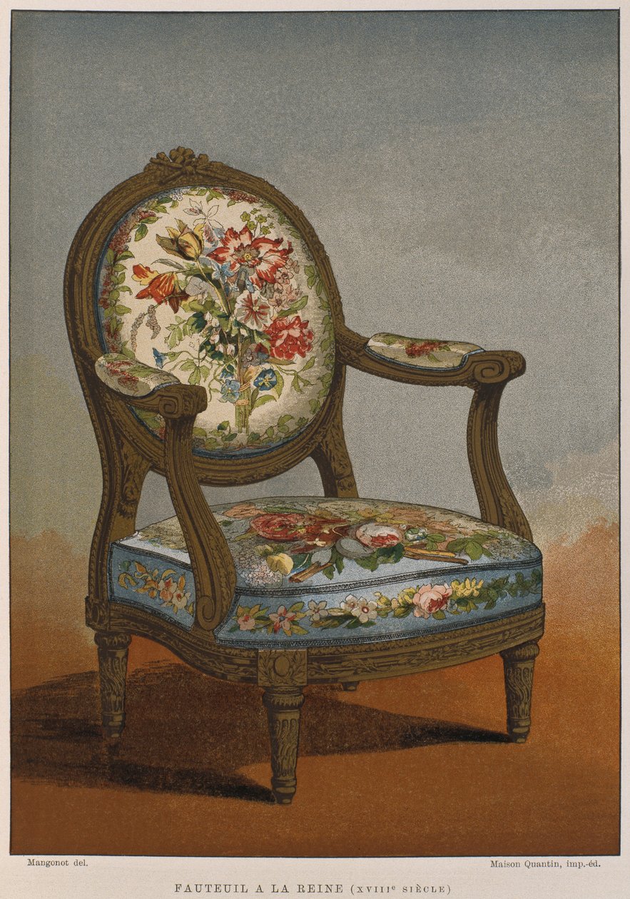 Křeslo a la reine z 18. století s květovanou tapisérií, ilustrace z Dictionnaire de lameublement et de la dekorace od Henryho Havarda, svazek 4, deska 29, Paříž, Maison Quantin, 1878 (barva od French School
