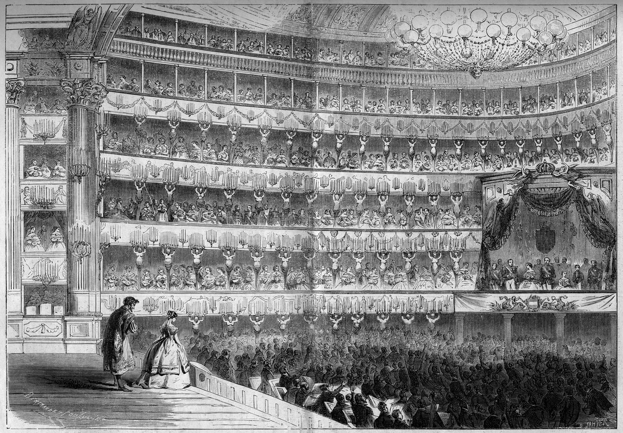 Architektura 18. století: vnitřní pohled na Theatre Royal (Teatro Regio) v Turíně (Itálie) během gala show 23. ledna od French School