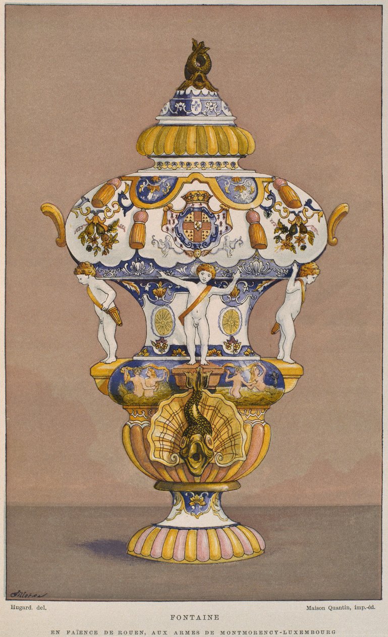 Fajánsová kašna z 18. století s erbem Montmorency Luxembourg, vyrobeno v Rouen, ilustrace z Dictionnaire de lameublement et de la decoration od Henryho Havarda, svazek 2, od French School