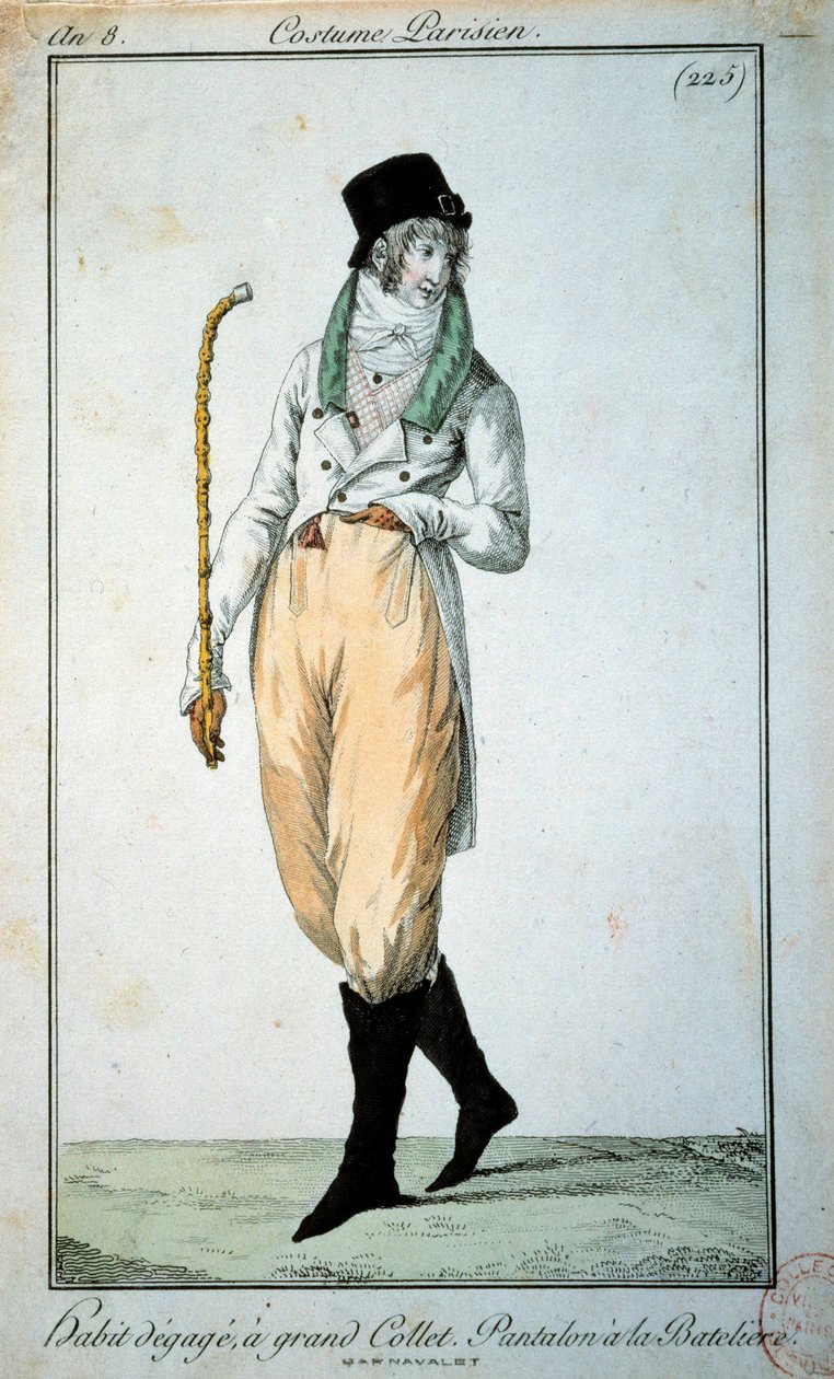 Móda 18. století: pařížský oblek s velkým límcem, kalhoty s lodičkami. Paříž, Musee du Costume od French School