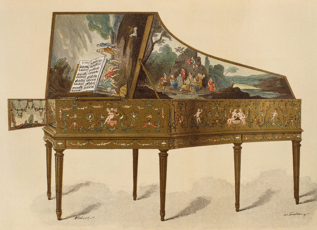 Cembalo z 18. století zdobené groteskou, ilustrace z Dictionnaire de lameublement et de la decoration od Henryho Havarda, svazek 1, Paříž, Maison Quantin, 1878 od French School