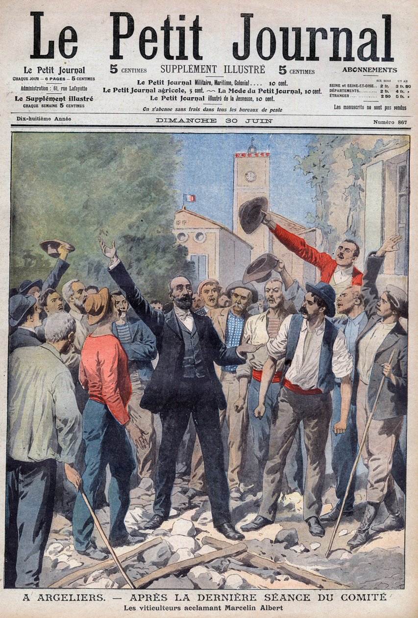 1907 – krize vína v jižní Francii – titulní strana novin „Le Petit Journal“ z 30. června 1907 (rytina) od French School