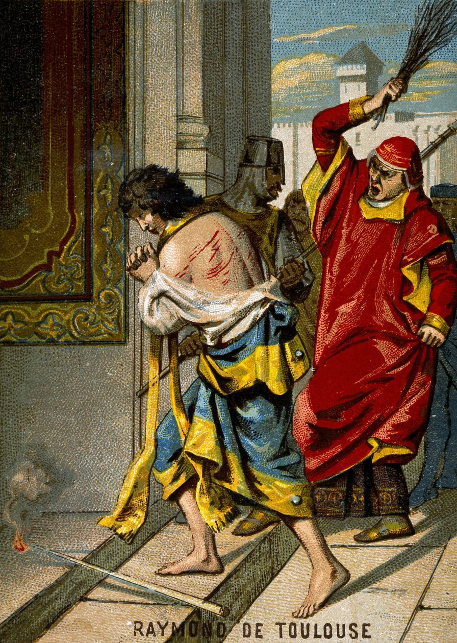 22/06/1209. Raymond VI hrabě z Toulouse, vyloučený papežem Inocencem III. za nepronásledování katarů, obviňuje, že byl podněcovatelem atentátu na Pierra de Castelnau, opravuje se a je na veřejnosti v Saint Gilles flagella. Chromolithogra od French School