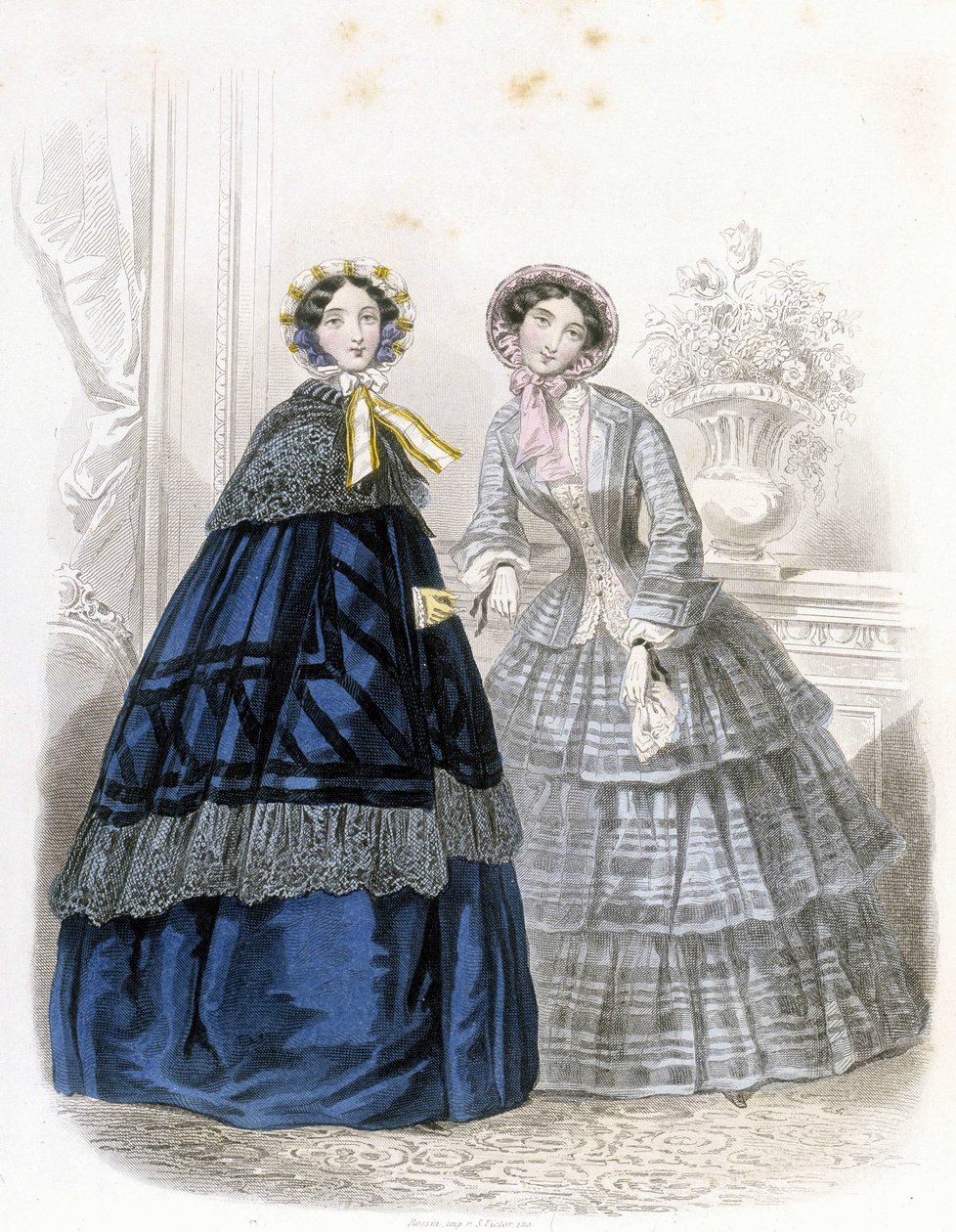 2 módní ženy: v outfitu - v “” Journal des Demoiselles”” 1852 (rytina) od French School