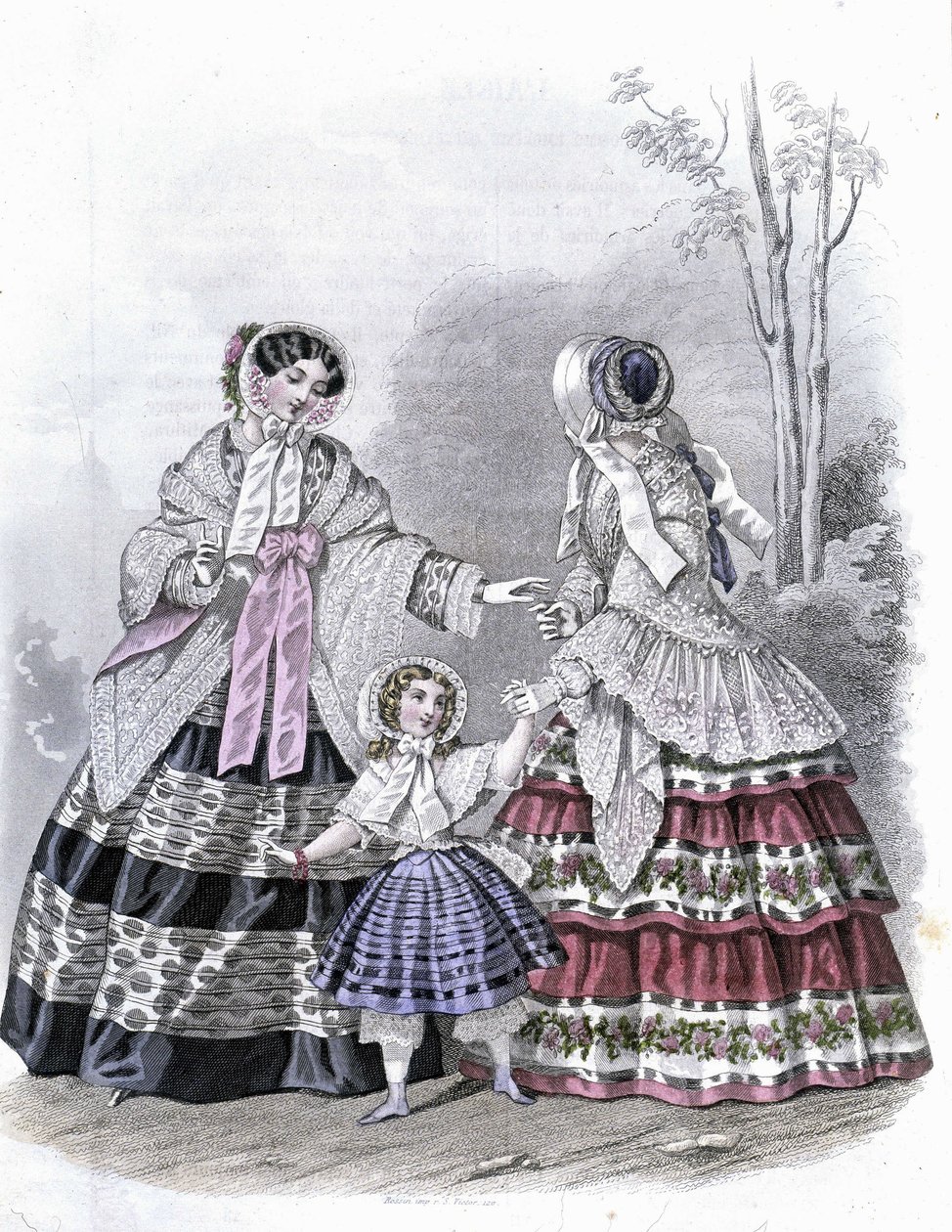 2 módní ženy s dívkou na procházce - v „Journal des Demoiselles““ 1852. od French School