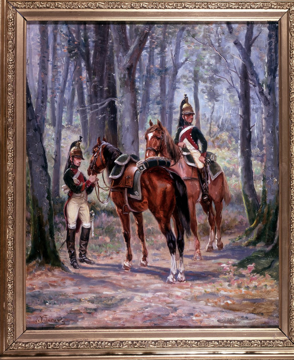 2 jezdci 8. draků, odešli jako zvědi, obraz 65 x 58 cm, olej na plátně De Villeneuve, vojenský malíř konce 19. století. od French School