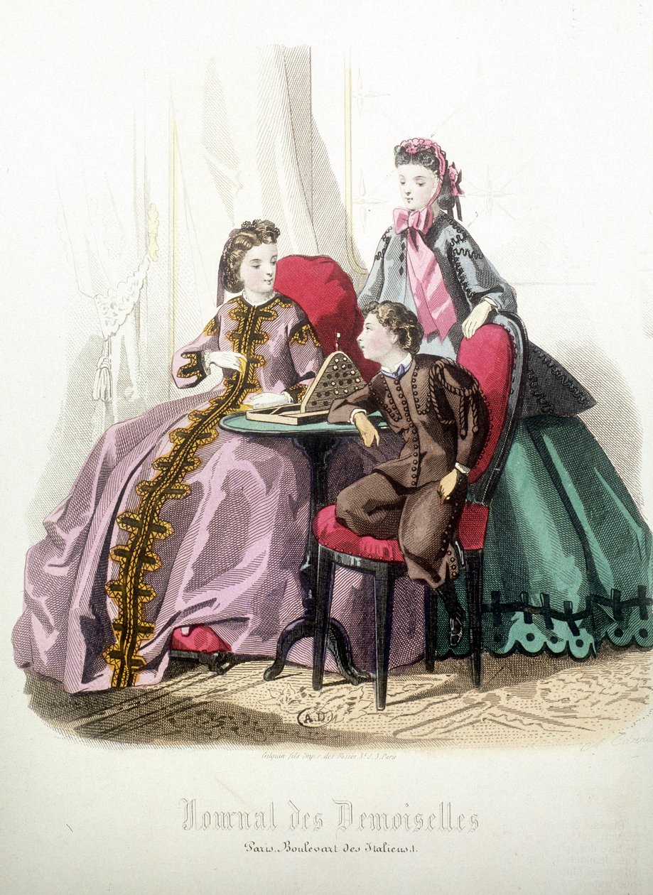 2 ženy a chlapec: Móda - v „“ Magazine des Damoiselles“, prosinec 1864 od French School