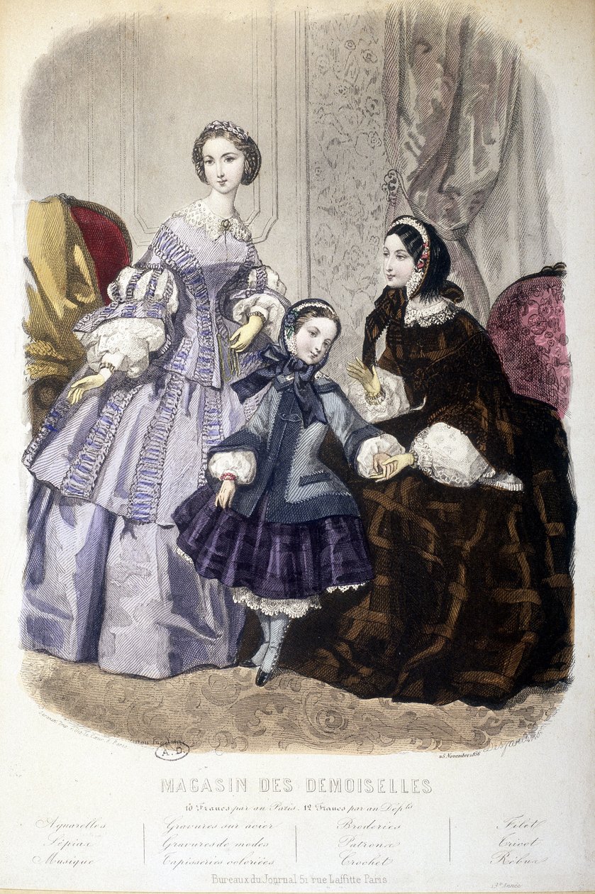 2 ženy a dívka: Móda - v „“ Magasin des Damoiselles““. sd. kolem roku 1850. od French School