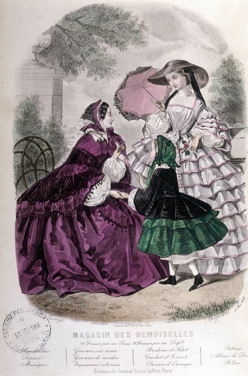 2 ženy a dívka: Móda - v „“ Magazine des Damoiselles““. 1858 od French School