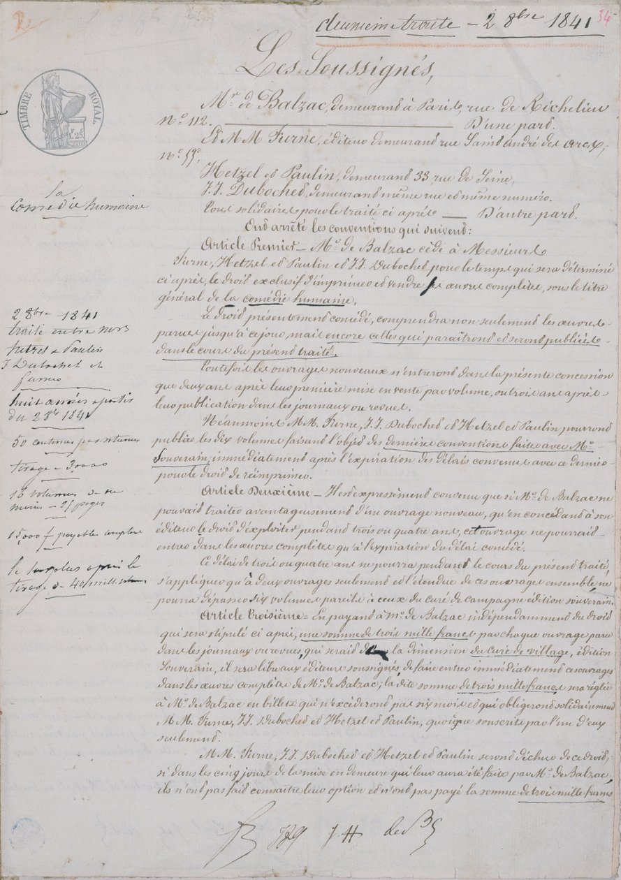 2. smluvní dokument týkající se La Comedie Humaine mezi Honore de Balzac (1799-1850) a Hetzelem, Paulinem, Dubochetem a vydavatelem Charlesem Furnem, 2. října 1841 od French School