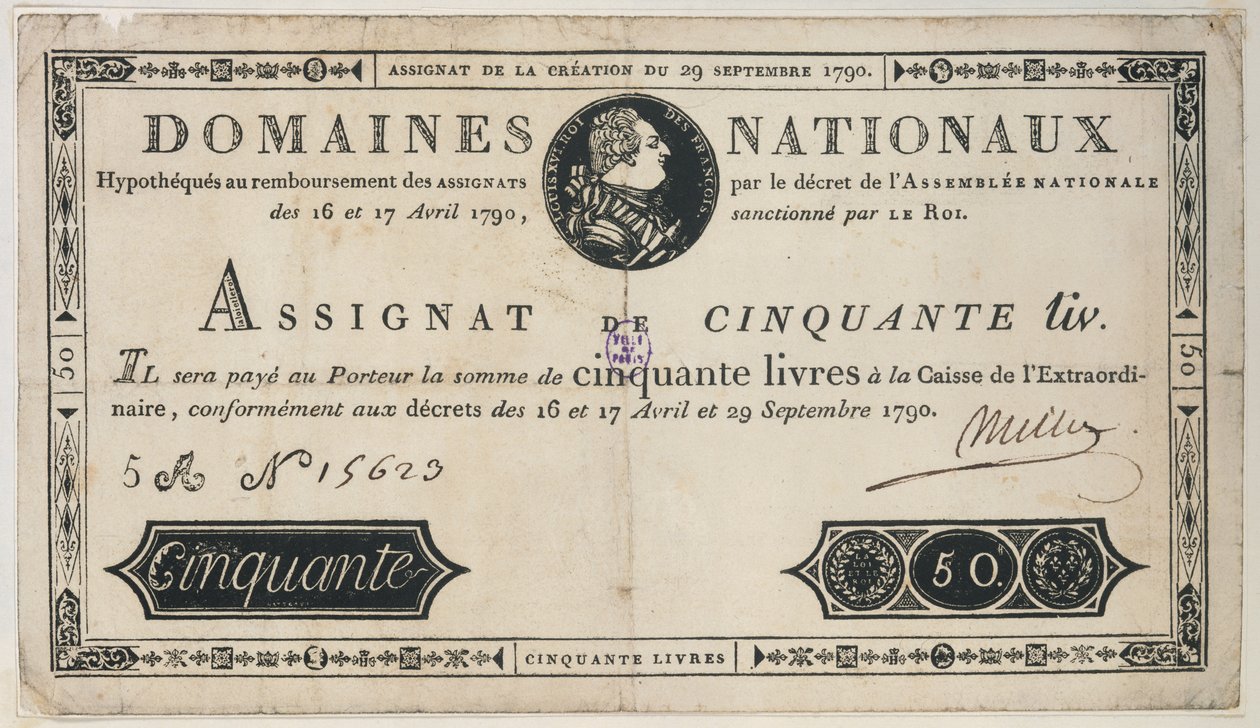 Bankovka 50 livrů, 29. října 1790 od French School