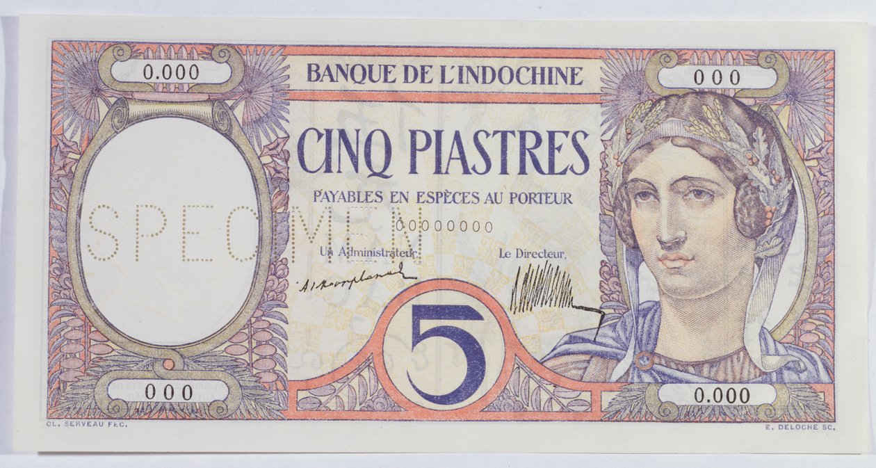 Bankovka 5 Piastres, z indočínské banky (papír) od French School