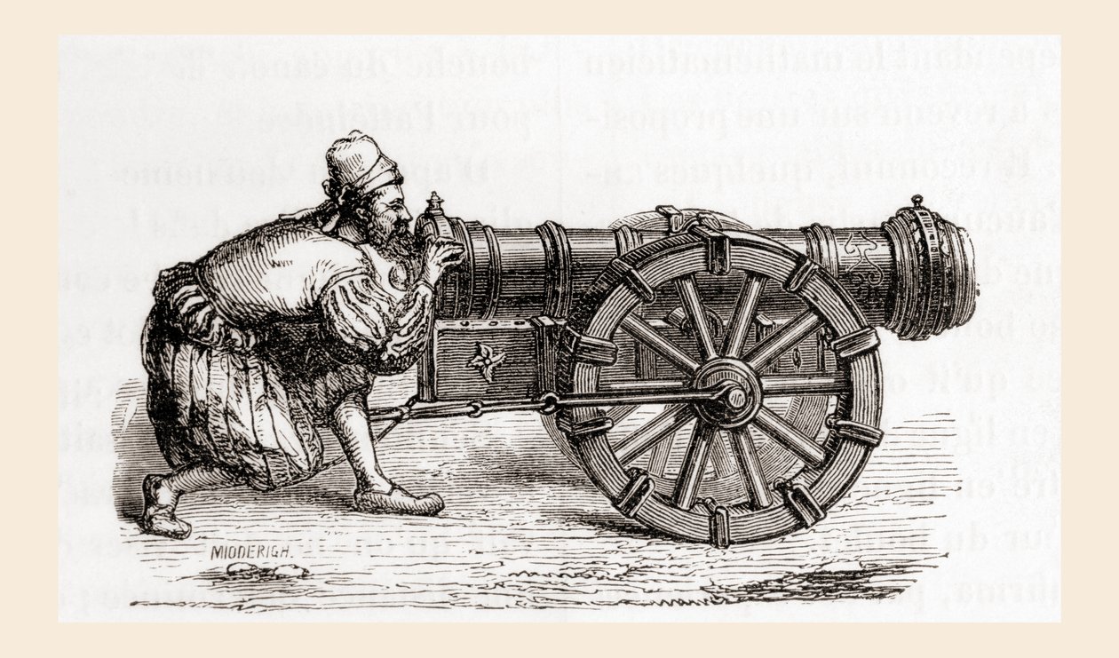 Německé dělo nabíjející závěr ze 16. století, z Les Merveilles de la Science, vydáno kolem roku 1870 (rytina) od French School