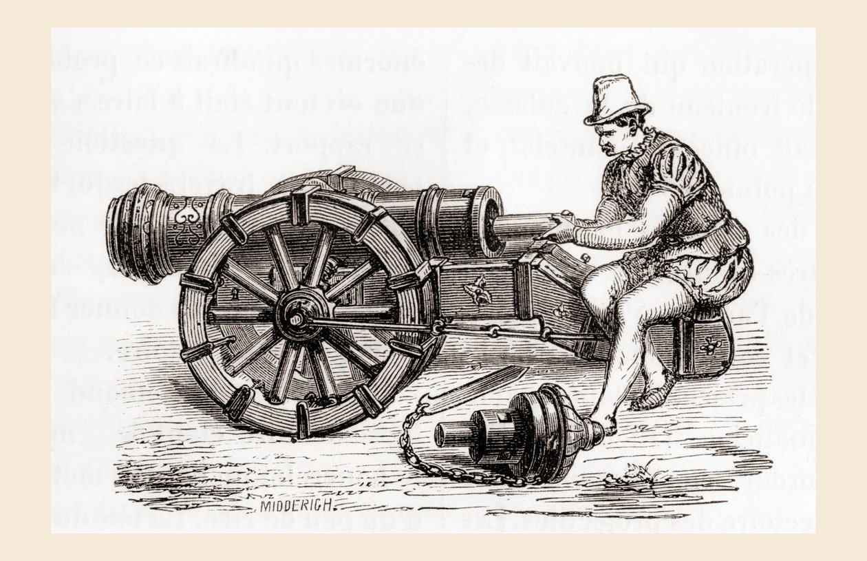 Německé dělo nabíjející závěr ze 16. století, z Les Merveilles de la Science, vydáno kolem roku 1870 (rytina) od French School