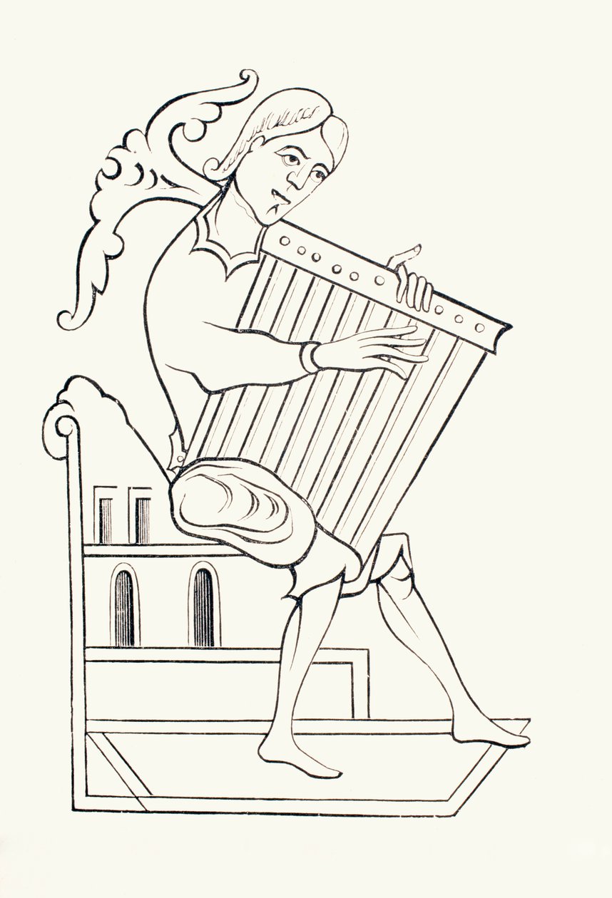 Hudebník z 9. století hrající na hudební nástroj známý jako psalterium z „Les Arts au Moyen Age“, vydané v roce 1873 (litho) od French School