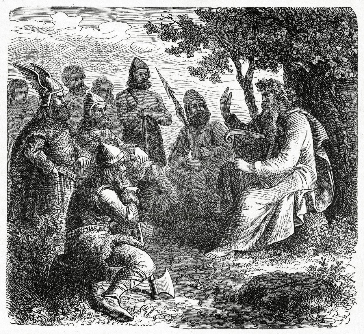 Bard recitující Normanům, kolem roku 1882 (dřevoryt) od French School