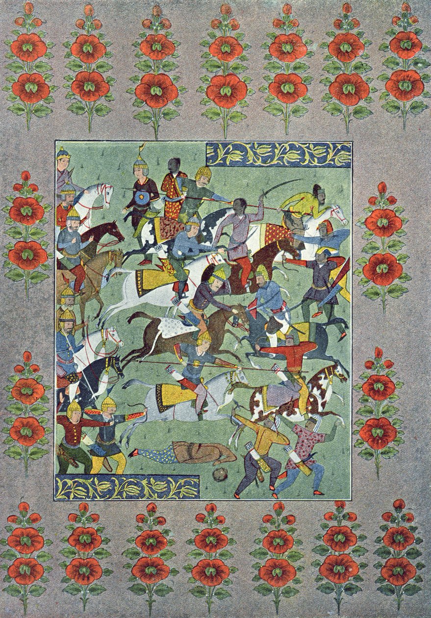 Bitva, ilustrace z The Arabian Nights, 1895 (barevná rytina) od French School
