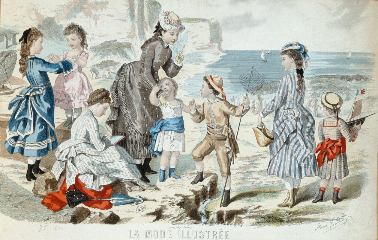 Pláž v Normandii, 1875 (barevná rytina) od French School