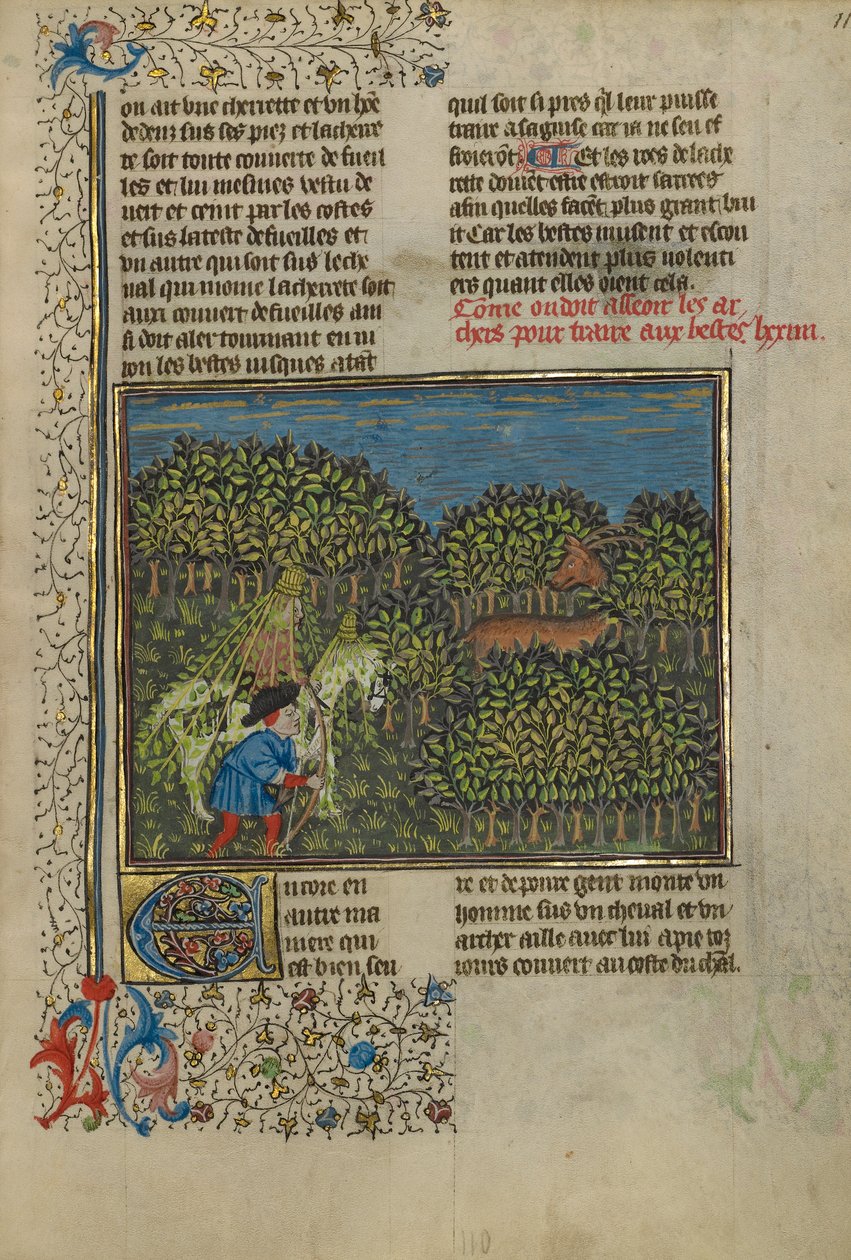Maskovaný jezdec a lučištník se blíží k jelenovi, kolem 1430-40 (tempera, zlatá a stříbrná barva a zlatý list na pergamenu) od French School