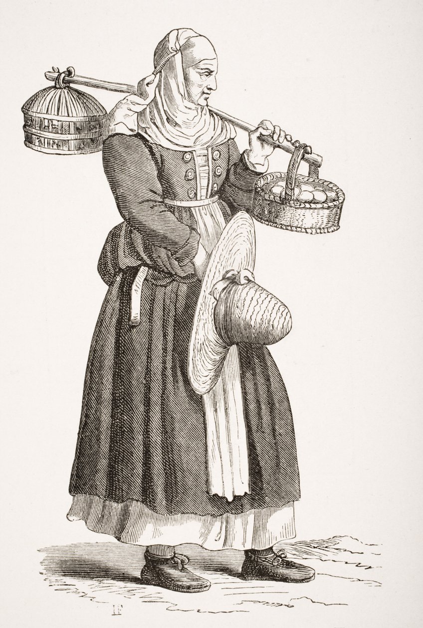 Obchodník s vejci, po dřevorytu ze 16. století od Cesare Vecellia (1521–1601) z „Le Moyen Age et La Renaissance“ od Paula Lacroixe (1806–84) vydaného v roce 1847 od French School