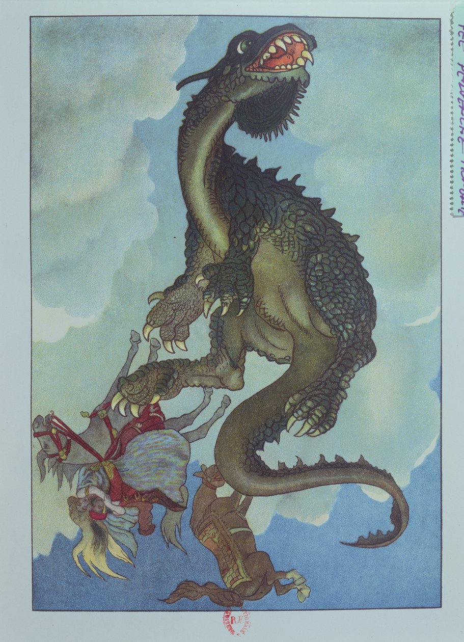 Drak padající z nebe, ilustrace z maďarské pohádky „Příběh víly Pervenche“, kolem roku 1910 (barevné lito) od French School