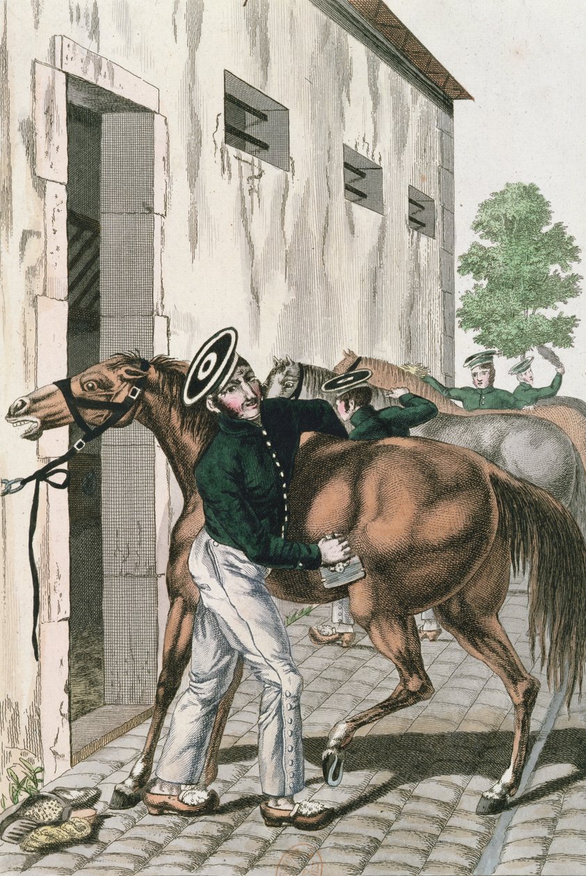 Dragoun ošetřující koně, deska 257 ze série francouzských císařských vojáků, cca 1800-10 od French School